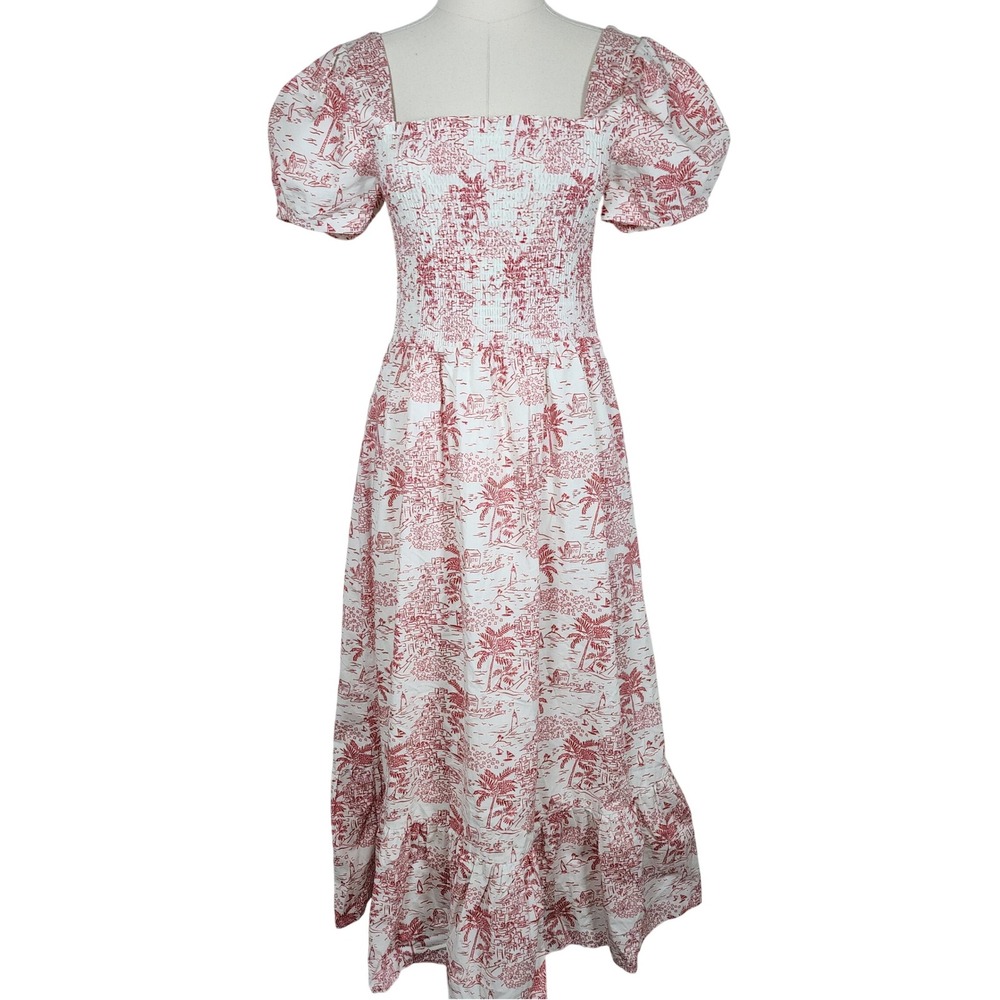Maison‎ Me Women's Dress Medium Red Toile Puff Sleeve Midi Cottagecore